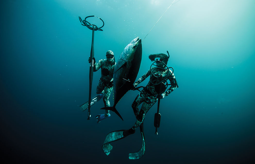 two people in scuba gear holding a fish underwater