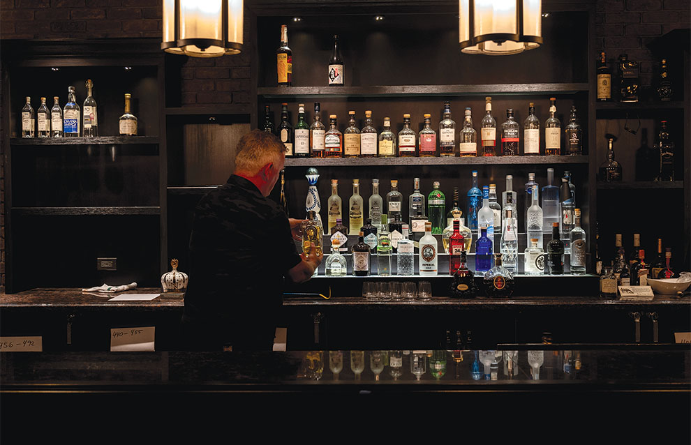 a person standing at a bar with bottles on shelves